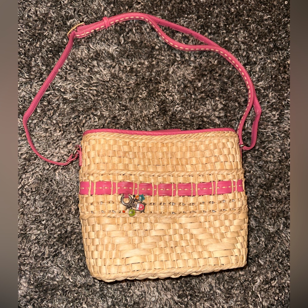 Brighton Carmella Pink Straw Handbag Crossbody Purse w/dust cover